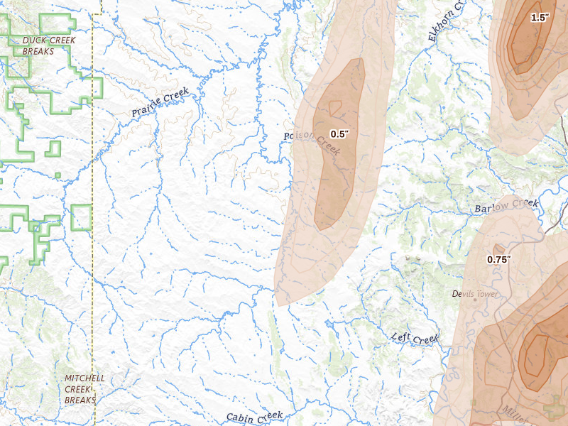 Radar-estimated hail-size map of the storm over Moorcroft, WY on Jun 2, 2026