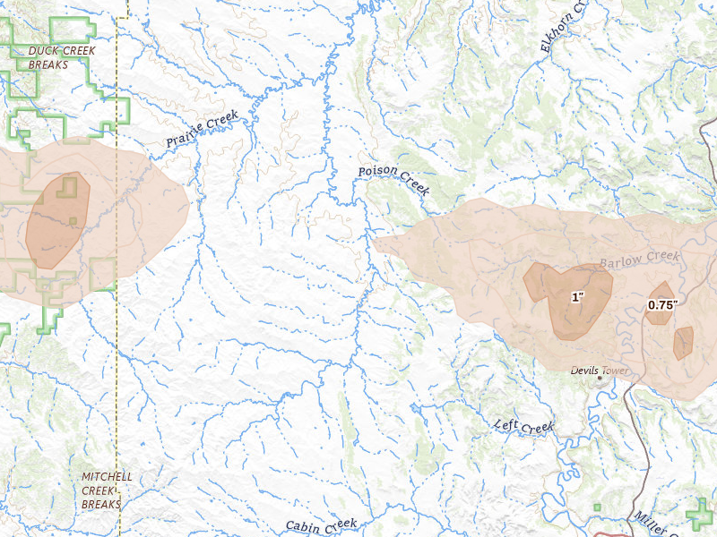 Radar-estimated hail-size map of the storm over Moorcroft, WY on Jun 4, 2026