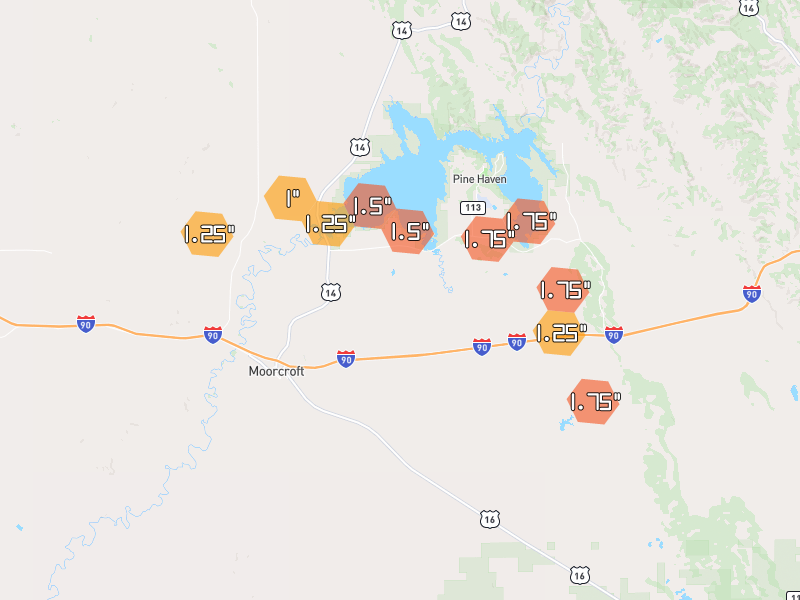 Hail map of Moorcroft, WY on Jun 4, 2026, hail up to 1.75"