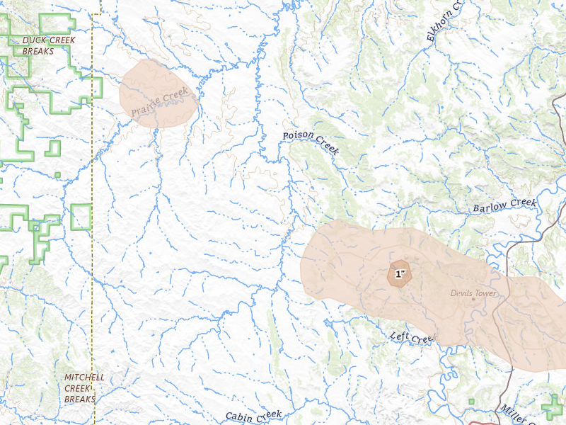 Radar-estimated hail-size map of the storm over Moorcroft, WY on Jun 22, 2026