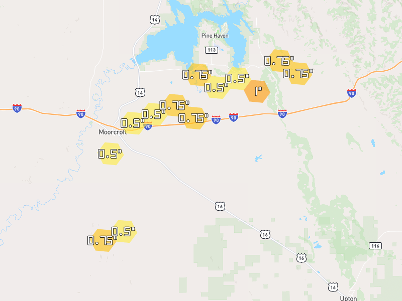 Hail map of Moorcroft, WY on Jun 26, 2026, hail up to 1"