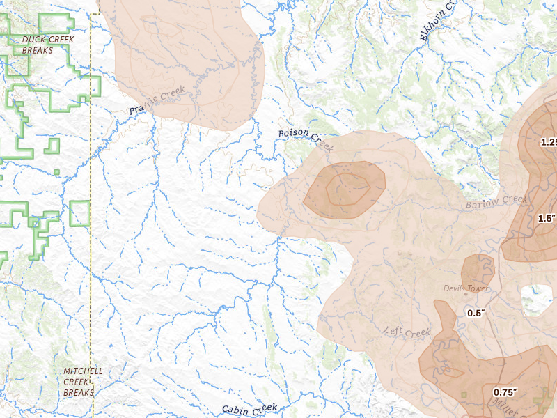 Radar-estimated hail-size map of the storm over Moorcroft, WY on Jul 3, 2026