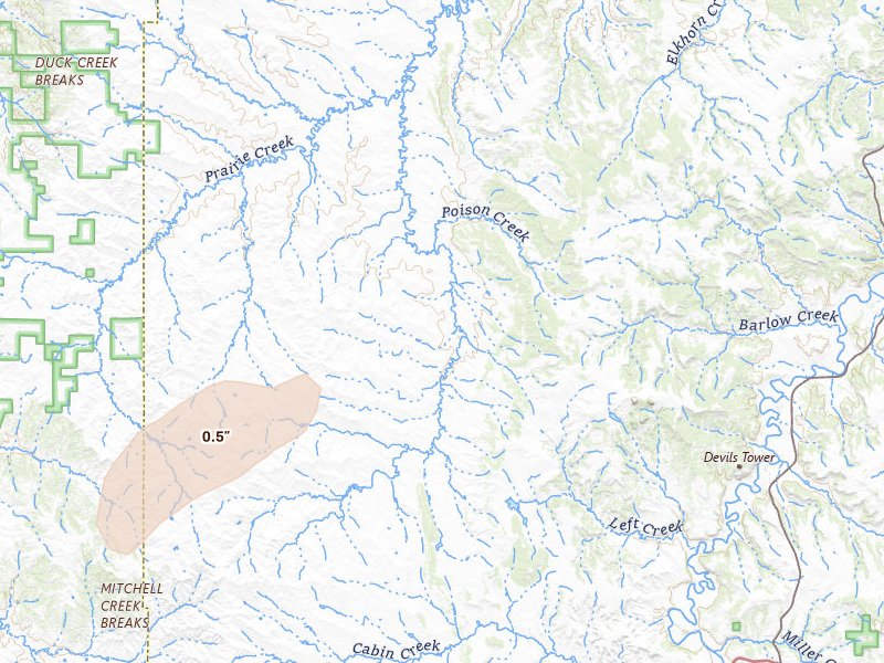 Radar-estimated hail-size map of the storm over Moorcroft, WY on Jul 7, 2026