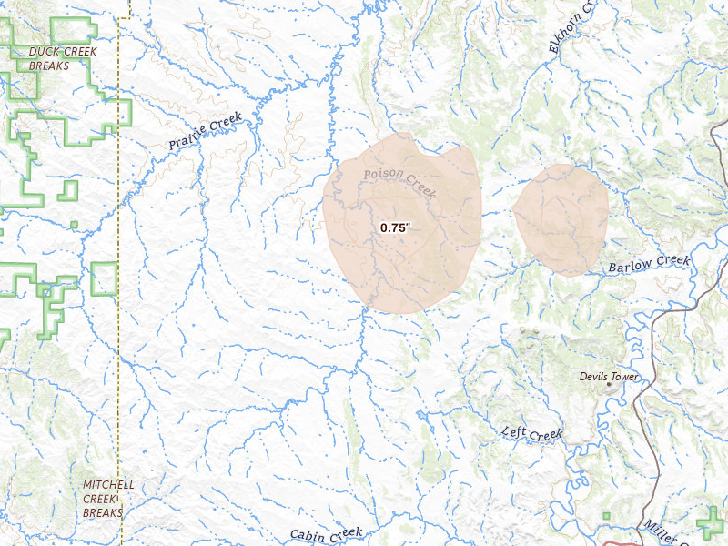 Radar-estimated hail-size map of the storm over Moorcroft, WY on Jul 16, 2026