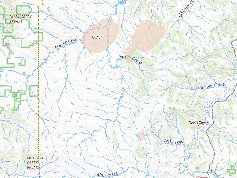 Radar-estimated hail-size map of the storm over Moorcroft, WY on Jul 18, 2026