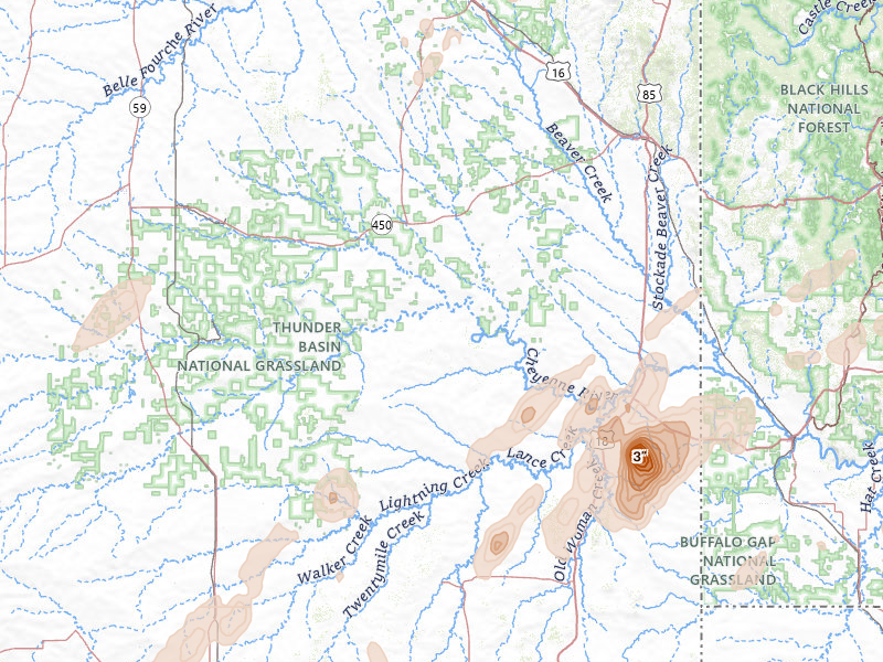 Radar-estimated hail-size map of the storm over Newcastle, WY on Jun 2, 2026