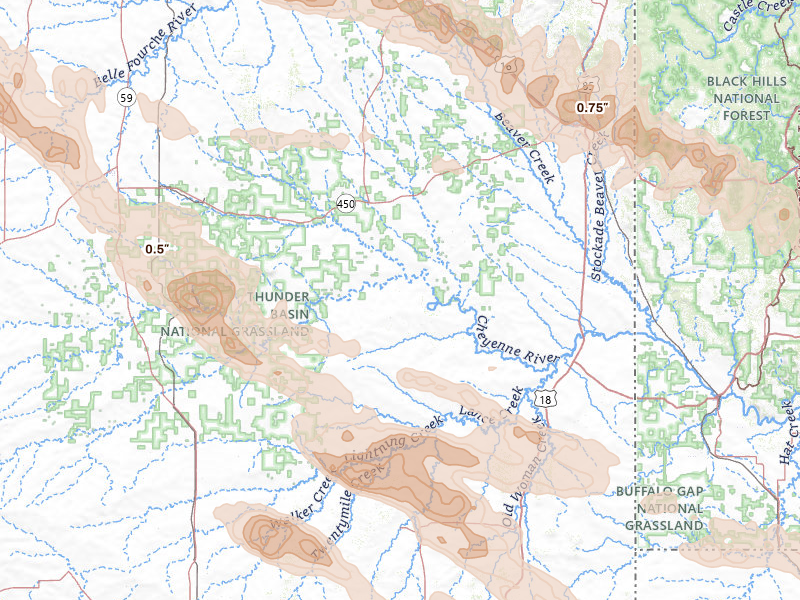 Radar-estimated hail-size map of the storm over Newcastle, WY on Jun 22, 2026