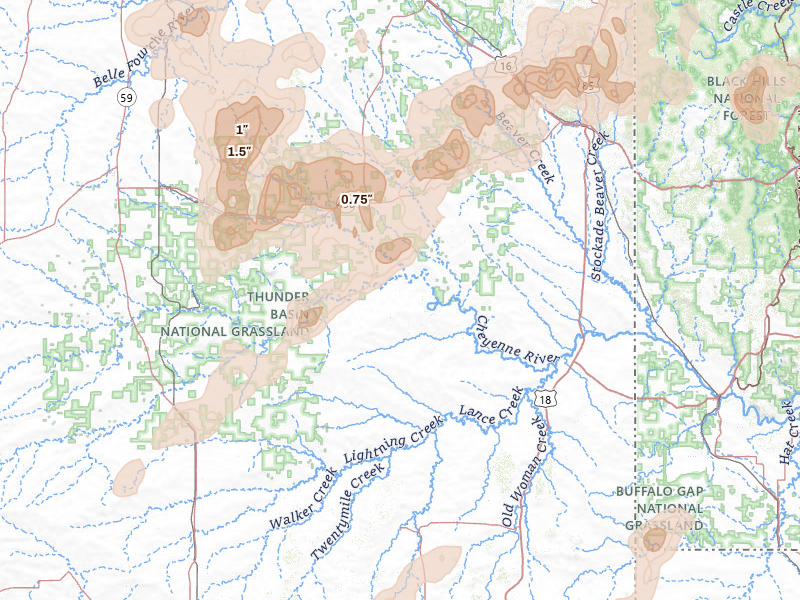 Radar-estimated hail-size map of the storm over Newcastle, WY on Jun 26, 2026