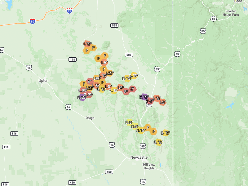 Hail map of Newcastle, WY on Jul 3, 2026, hail up to 3.25"