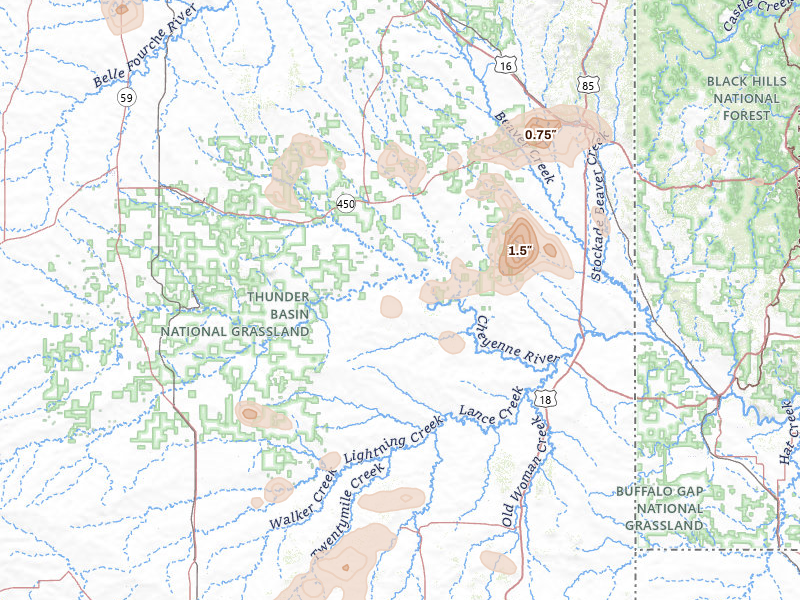 Radar-estimated hail-size map of the storm over Newcastle, WY on Jul 8, 2026