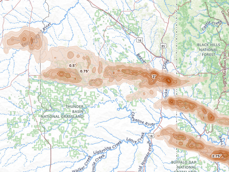Radar-estimated hail-size map of the storm over Newcastle, WY on Aug 12, 2026