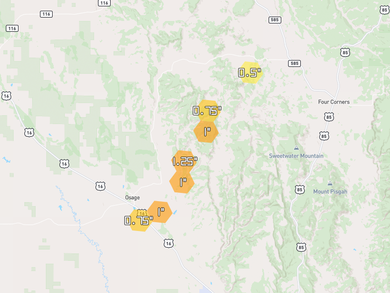 Hail map of Osage, WY on Jun 7, 2026, hail up to 1.25"
