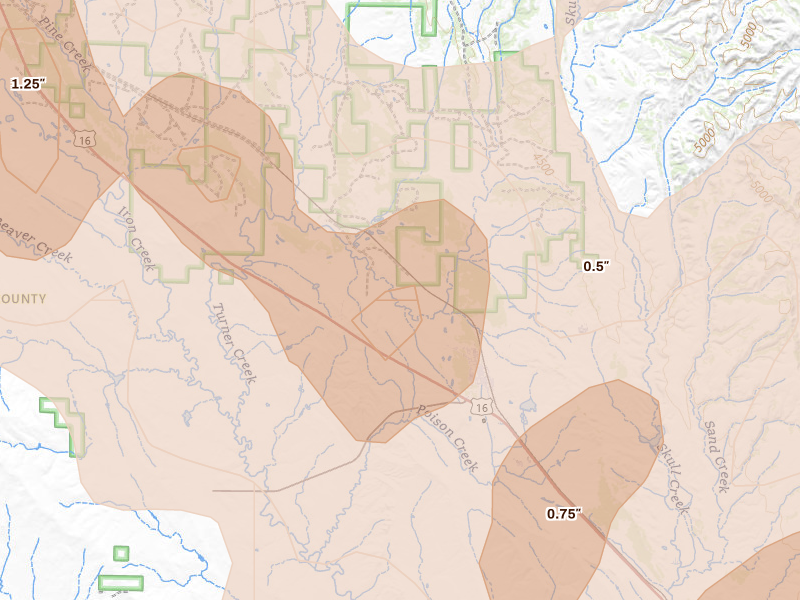 Radar-estimated hail-size map of the storm over Osage, WY on Jun 22, 2026