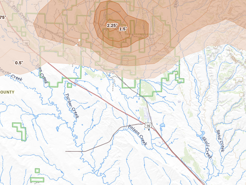 Radar-estimated hail-size map of the storm over Osage, WY on Jul 3, 2026