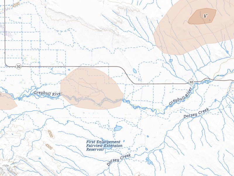 Radar-estimated hail-size map of the storm over Otto, WY on Jul 7, 2026
