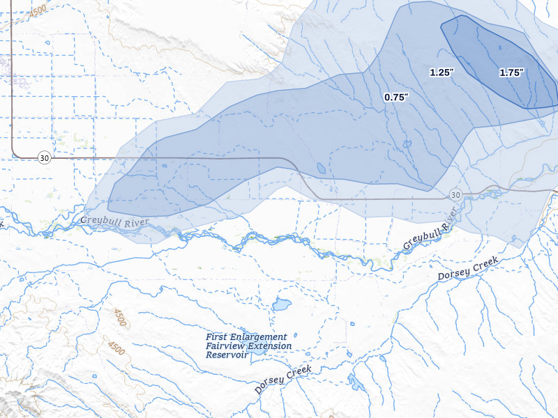 NEXRAD radar-signature map of the hail storm over Otto, WY on Jul 7, 2026