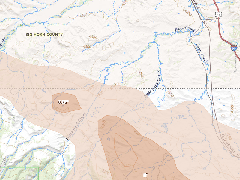 Radar-estimated hail-size map of the storm over Parkman, WY on Jul 8, 2026