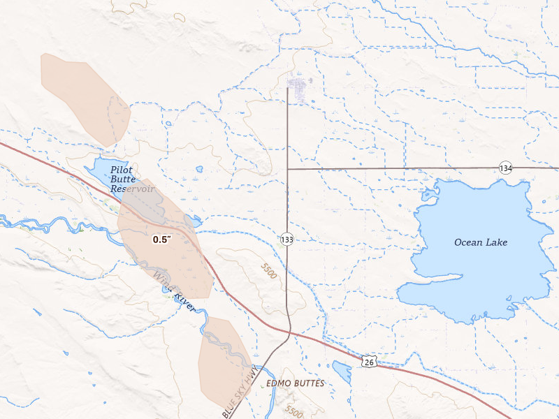 Radar-estimated hail-size map of the storm over Pavillion, WY on Jul 23, 2026