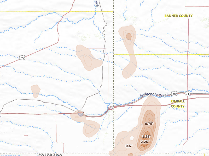 Radar-estimated hail-size map of the storm over Pine Bluffs, WY on May 30, 2026