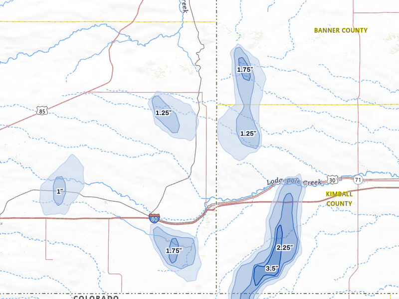 NEXRAD radar-signature map of the hail storm over Pine Bluffs, WY on May 30, 2026