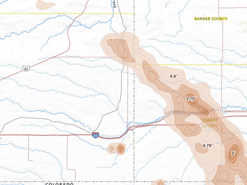 Radar-estimated hail-size map of the storm over Pine Bluffs, WY on Jun 22, 2026