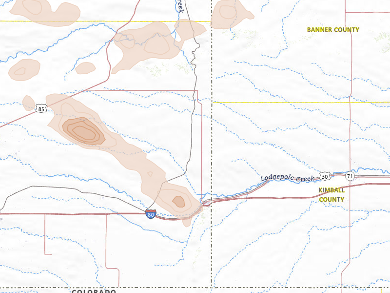 Radar-estimated hail-size map of the storm over Pine Bluffs, WY on Jul 8, 2026