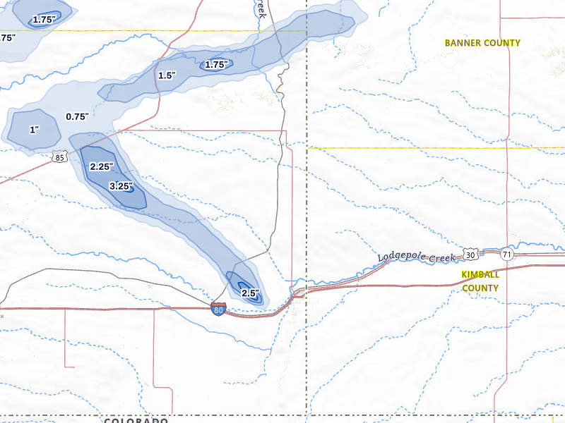 NEXRAD radar-signature map of the hail storm over Pine Bluffs, WY on Jul 8, 2026
