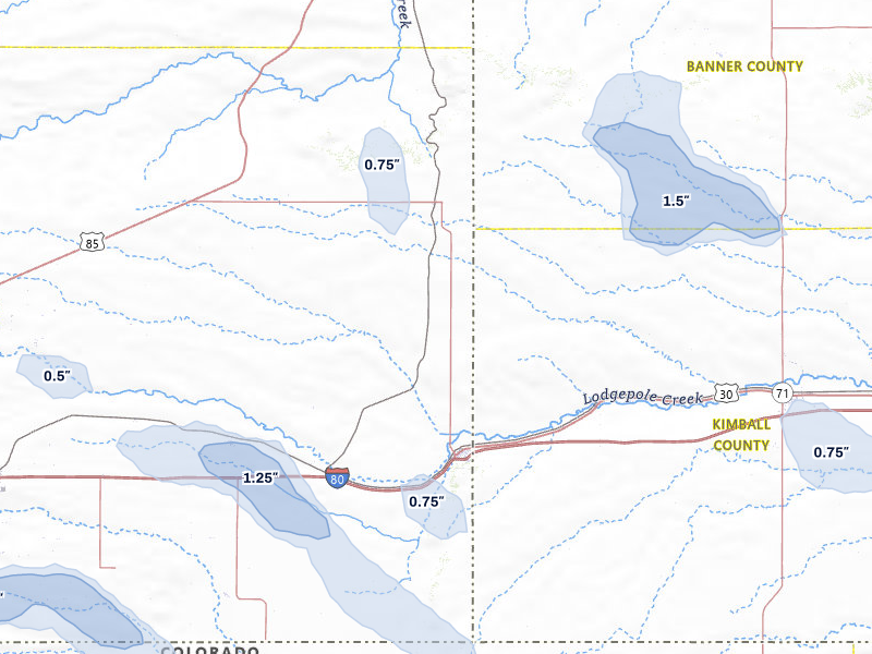 NEXRAD radar-signature map of the hail storm over Pine Bluffs, WY on Jul 9, 2026