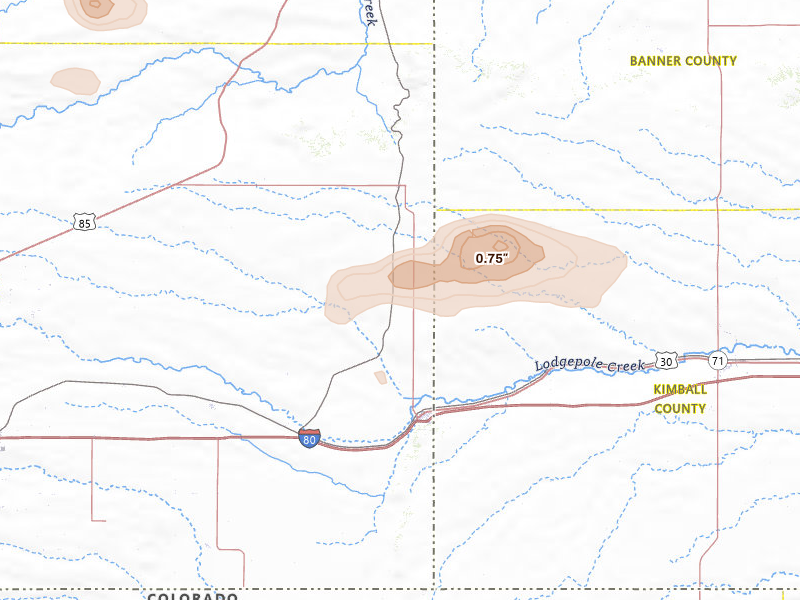 Radar-estimated hail-size map of the storm over Pine Bluffs, WY on Jul 28, 2026