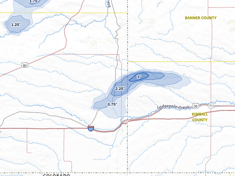 NEXRAD radar-signature map of the hail storm over Pine Bluffs, WY on Jul 28, 2026