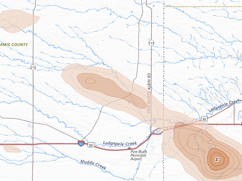 Radar-estimated hail-size map of the storm over Pine Bluffs, WY on Aug 13, 2026