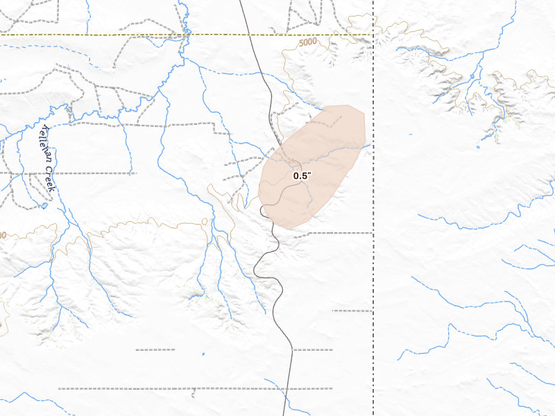 Radar-estimated hail-size map of the storm over Pine Bluffs, WY on Aug 14, 2026