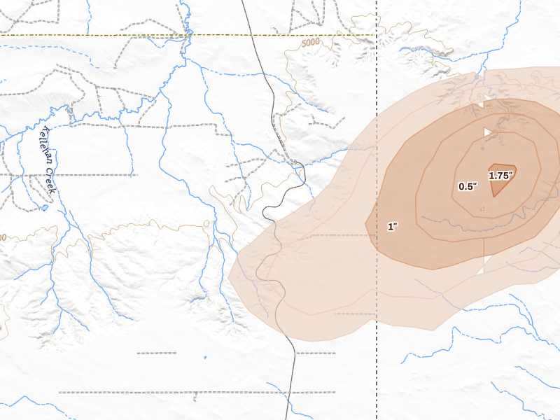 Radar-estimated hail-size map of the storm over Pine Bluffs, WY on Aug 16, 2026