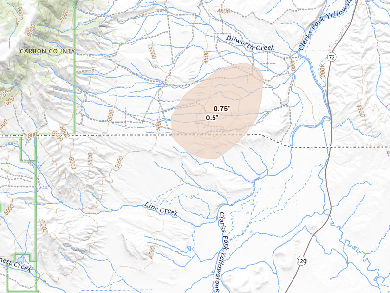 Radar-estimated hail-size map of the storm over Powell, WY on Jun 27, 2026