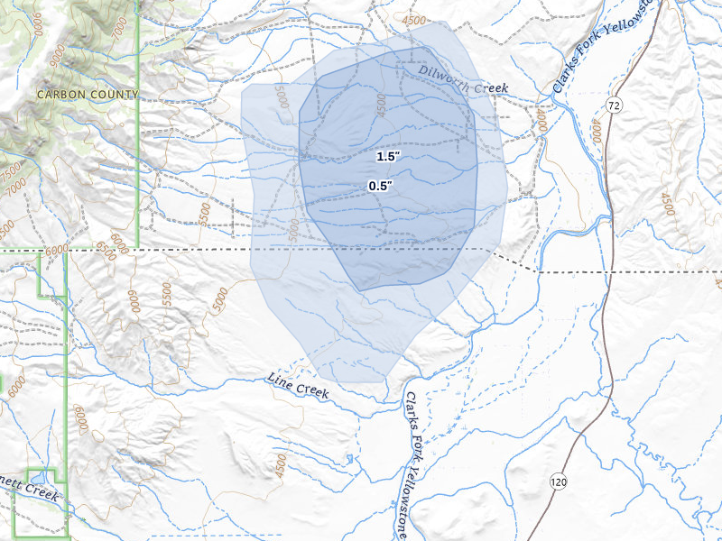NEXRAD radar-signature map of the hail over Powell, WY