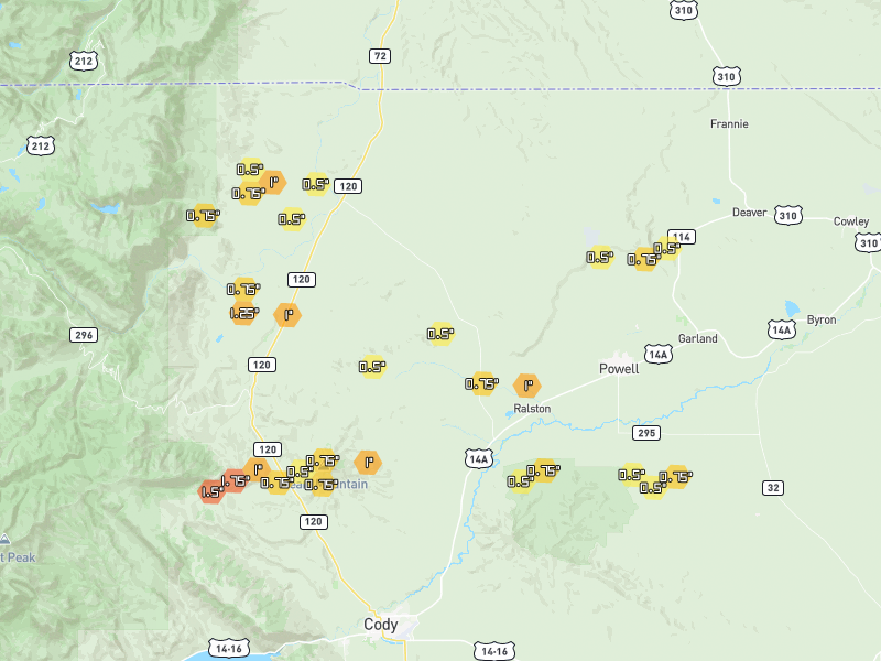Hail map of Powell, WY on Jul 8, 2026, hail up to 1.75"