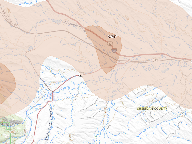Radar-estimated hail-size map of the storm over Ranchester, WY on Jul 8, 2026