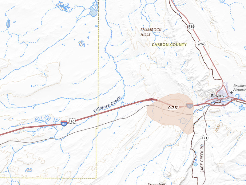 Radar-estimated hail-size map of the storm over Rawlins, WY on Jul 23, 2026