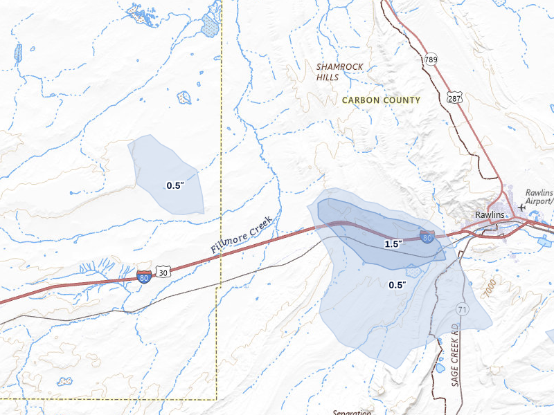 NEXRAD radar-signature map of the hail storm over Rawlins, WY on Jul 23, 2026