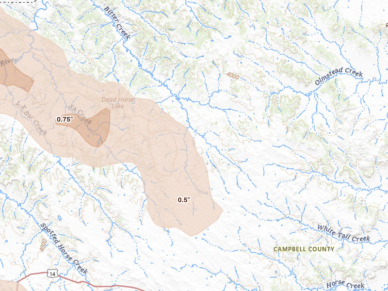 Radar-estimated hail-size map of the storm over Recluse, WY on Jun 22, 2026