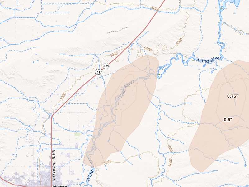 Radar-estimated hail-size map of the storm over Riverton, WY on Jun 24, 2026