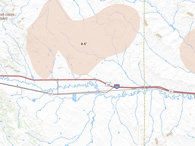 Radar-estimated hail-size map of the storm over Rozet, WY on Jun 4, 2026
