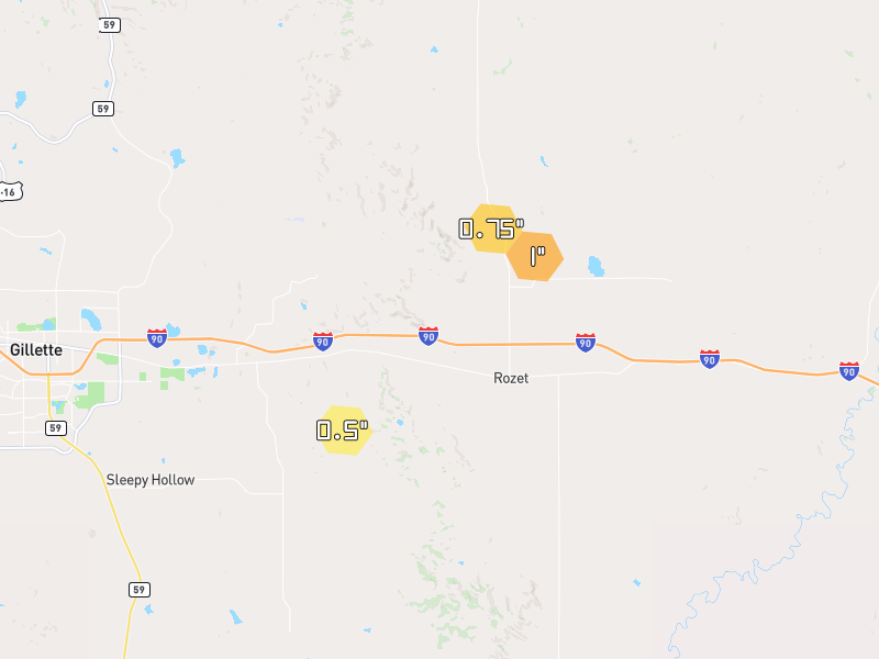 Hail map of Rozet, WY on Jun 4, 2026, hail up to 1"