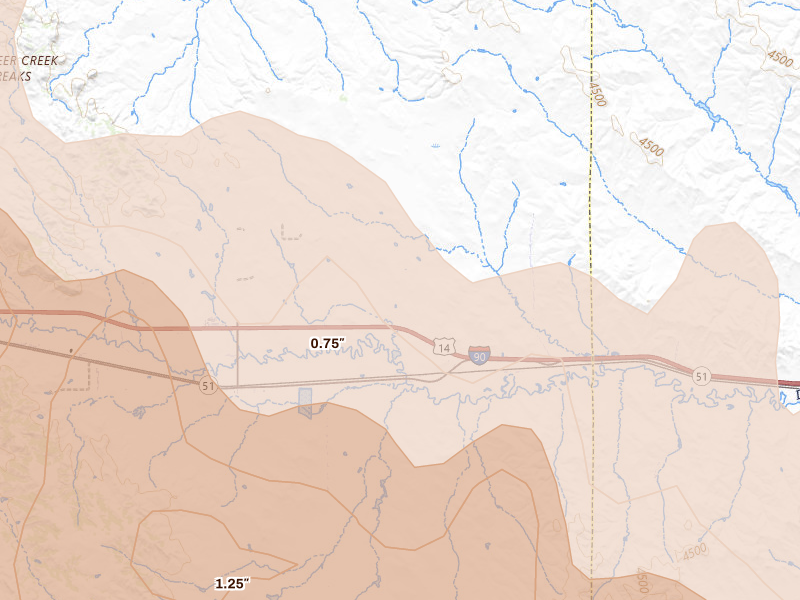 Radar-estimated hail-size map of the storm over Rozet, WY on Jun 22, 2026