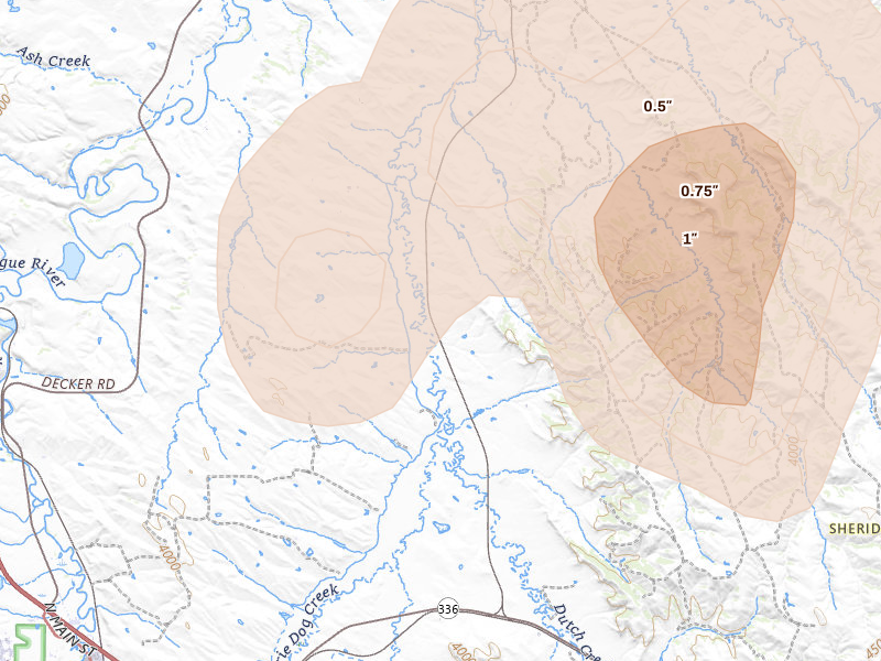 Radar-estimated hail-size map of the storm over Sheridan, WY on Jun 27, 2026