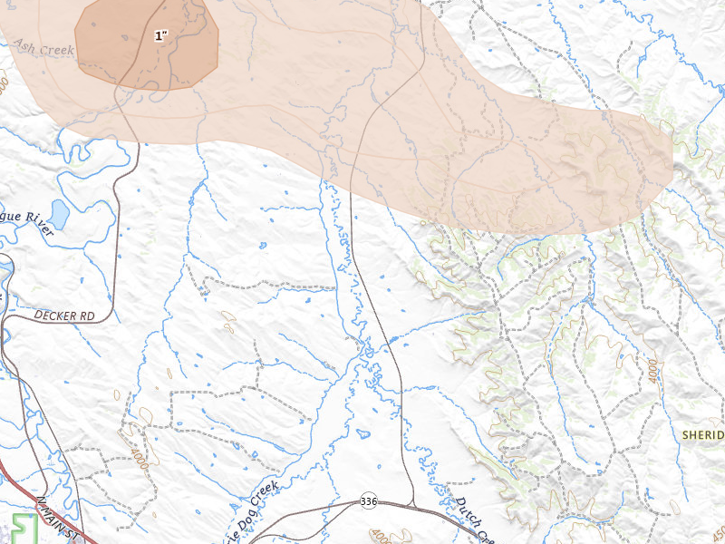 Radar-estimated hail-size map of the storm over Sheridan, WY on Jul 3, 2026
