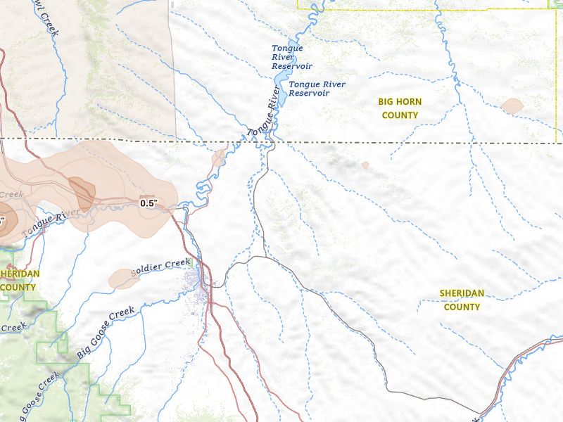 Radar-estimated hail-size map of the storm over Sheridan, WY on Jul 8, 2026