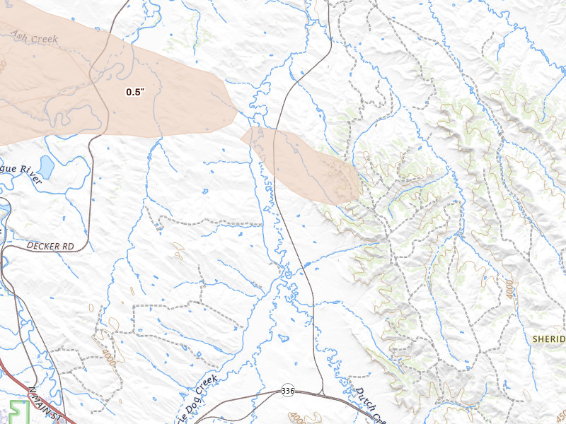 Radar-estimated hail-size map of the storm over Sheridan, WY on Jul 19, 2026