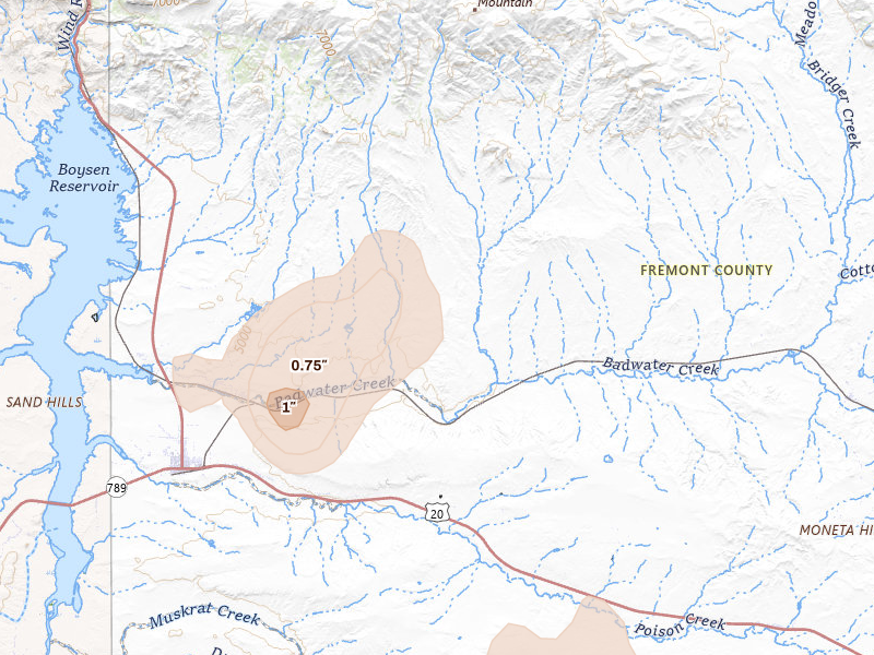 Radar-estimated hail-size map of the storm over Shoshoni, WY on Jul 6, 2026
