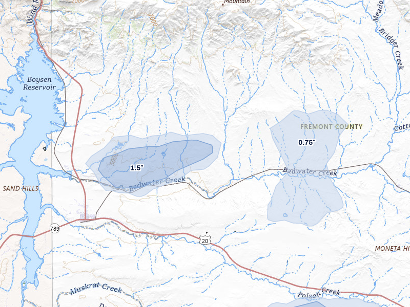 NEXRAD radar-signature map of the hail storm over Shoshoni, WY on Jul 6, 2026